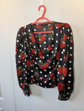 ZARA Women Blouse Size XS Polka Dot Black White Red Roses Long Sleeve Side Zip
